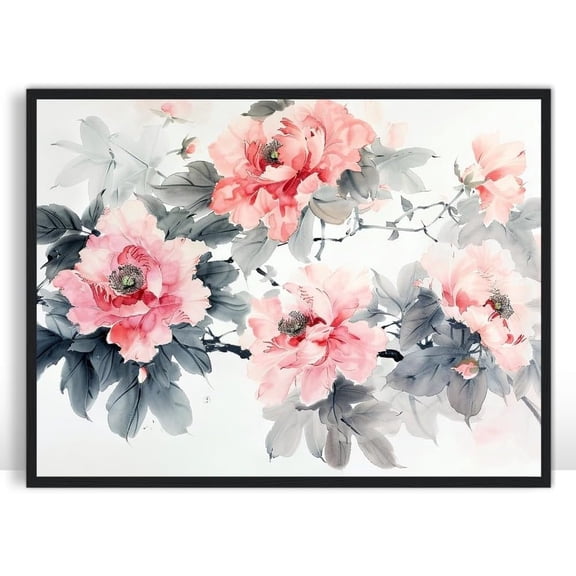 Moonow7 Chinese Peony Ink Painting Wall Art Prints, Large Asian Print with Pink Flower Detail in Traditional Style for Living Room or Bedroom, Entryway Decoration, Unframed Size 40x50 cm / 16x20″
