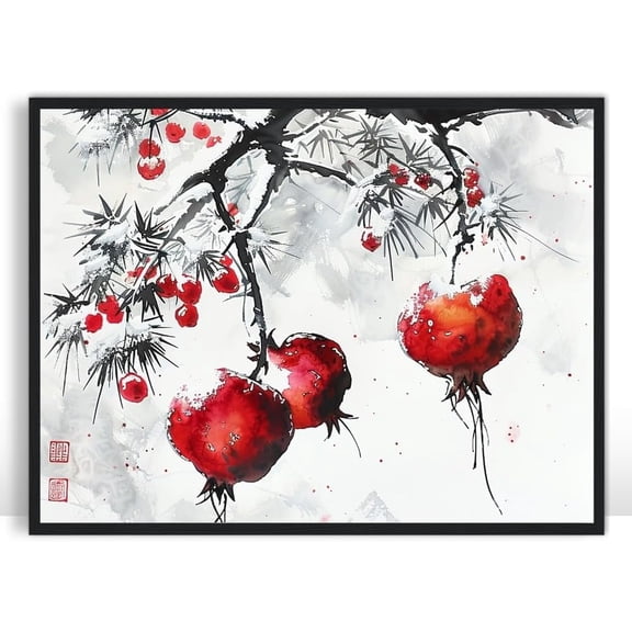 Moonow7 Chinese Watercolor Pomegranate Wall Art Prints, Large Oriental Poster with Winter Fruit and Slender Bamboo for Living Room or Bedroom, Dining Area Decoration, Unframed Size 40x50 cm / 16x20″