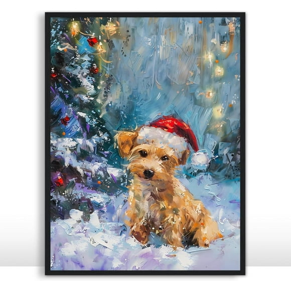 Moonow7 Cute Dog Christmas Wall Art Poster, Textured Oil Painting Style Art Prints of Terrier Puppy, Festive Holiday Picture for Wall Decor in Living Room, Bedroom, Entryway, Unframed Size 16x20"