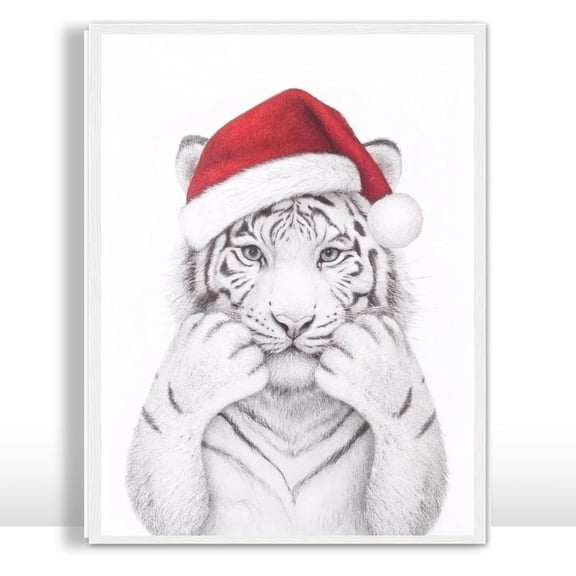 Moonow7 White Tiger Art Print - Black and White Christmas Sketch, Playful Tiger Cub for Modern Holiday Wall Decor in Living Room, Nursery, Office, Big Cat Lover Gift, Unframed Size 40x50cm / 16x20"