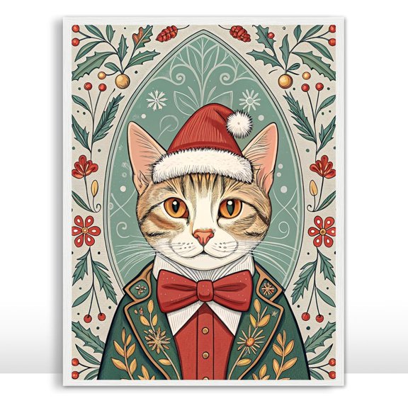 Moonow7 Dapper Christmas Cat Portrait - Vintage Wall Art Print of Cat in Bowtie, Art Nouveau Holiday Decor for Living Room, Bedroom, Office, Gift for Cat Lovers, Unframed Size 40x50cm / 16x20"