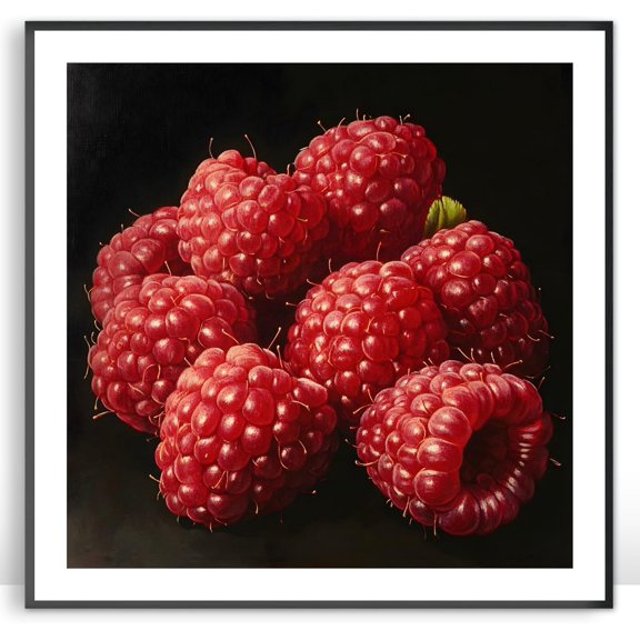 Moonow7 Raspberry Fruit Wall Art Prints, Juicy Red Posters, Kitchen Decoration, Rustic Dining Room Artwork, Cafe Accent Pieces, Vibrant Contemporary Style, Unframed Size 70x70 cm / 28x28″