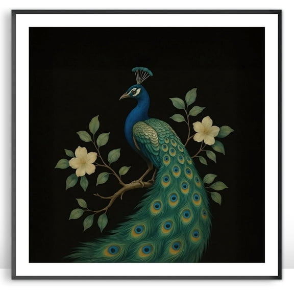 Moonow7 Small Botanical Animal Wall Art Prints, Peacock Picture Poster with Eastern Charm for Bedroom, Living Room, Home Office or Gallery Space, Unframed Size 30×30 cm / 12×12”