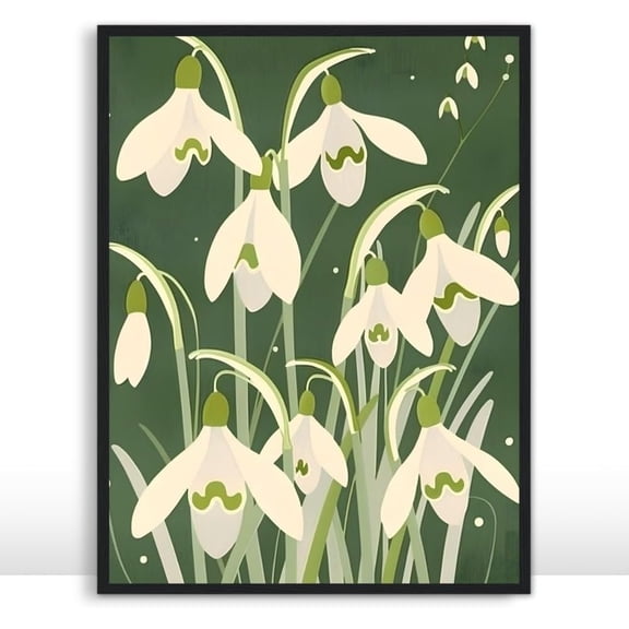Moonow7 Snowdrop Flower Wall Art Poster, Elegant White Bloom Print on Green Background for Bedroom, Living Room, or Kitchen, Spring Floral Botanical Home Decor, Unframed Size 40x50 cm / 16x20″