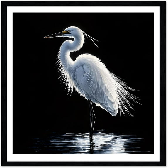 Moonow7 White Egret Wildlife Wall Art Picture – Framed Bird Print, Small Minimalist Animal Artwork for Bedroom, Coastal Wall Decor for Living Room, Modern Zen Home Aesthetic, Size 12x12″