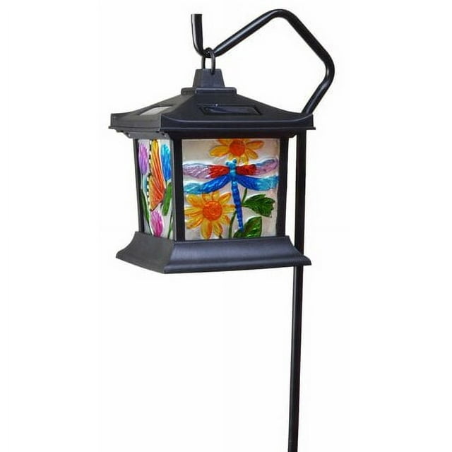 Moonrays 92276 Solar Powered Hanging Floral Stained Glass LED Lantern, 24-Inch Above Ground Height On The Shepherd’s Hook Made from Metal and Plastic, Rechargeable Battery Included