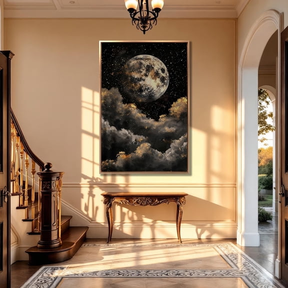 Moonrise Art Golden Clouds, Celestial Night Sky Poster, 12x18 UNFRAMED