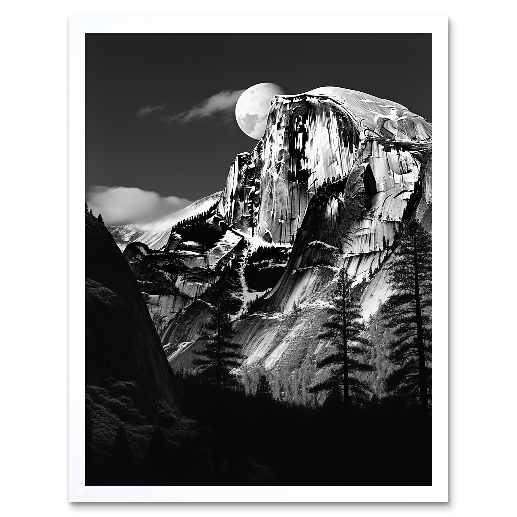 Artery8 Moonrise by Half Dome in Yosemite National Park High Contrast Black White Photograph Full Moon and Mountain Forest Landscape Artwork Framed A3 Wall Art Print