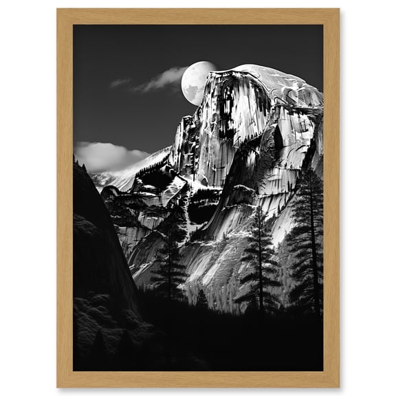 Moonrise Behind Half Dome High Contrast Black White Photograph Yosemite National Park Full Moon and Mountain Forest Landscape Artwork Framed Wall Art Print A4