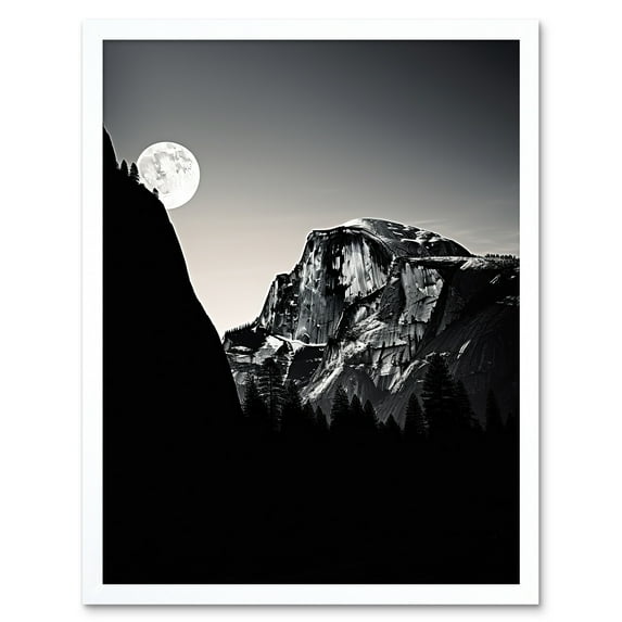 Moonrise by Half Dome in Yosemite National Park High Contrast Black White Photograph Full Moon and Mountain Forest Landscape Art Print Framed Poster Wall Decor 12x16 inch