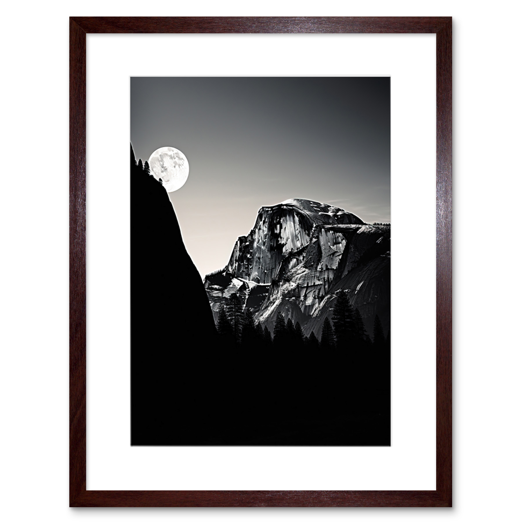 Artery8 Moonrise by Half Dome in Yosemite National Park High Contrast Black White Photograph Full Moon and Mountain Forest Landscape Artwork Framed Wall Art Print 9X7 Inch