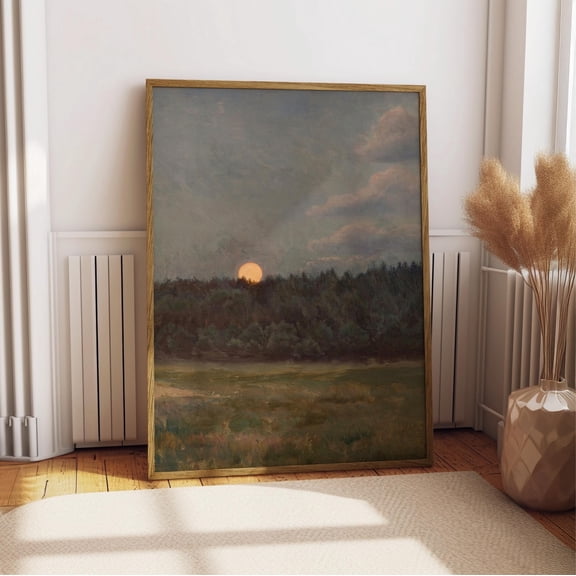Moonrise Landscape Print, Vintage Full Moon Forest Wall Art, Moody Green Blue Night Sky Poster, Romantic Antique Decor, Cottagecore Print, Poster Only