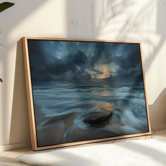 Moonrise Over Ocean Waves Art Print – Coastal Night Beach Scene With Stormy Sky – Tranquil Seascape Wall Decor For Ocean Lovers Wall Art, Modern Wall Decor, 12x18 UNFRAMED