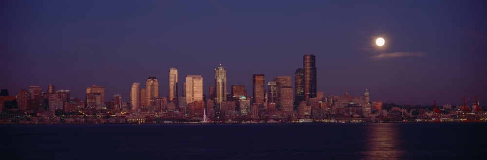 Moonrise behind the downtown Seattle skyline in the evening Seattle WA Canvas Art - Panoramic Images (27 x 9)