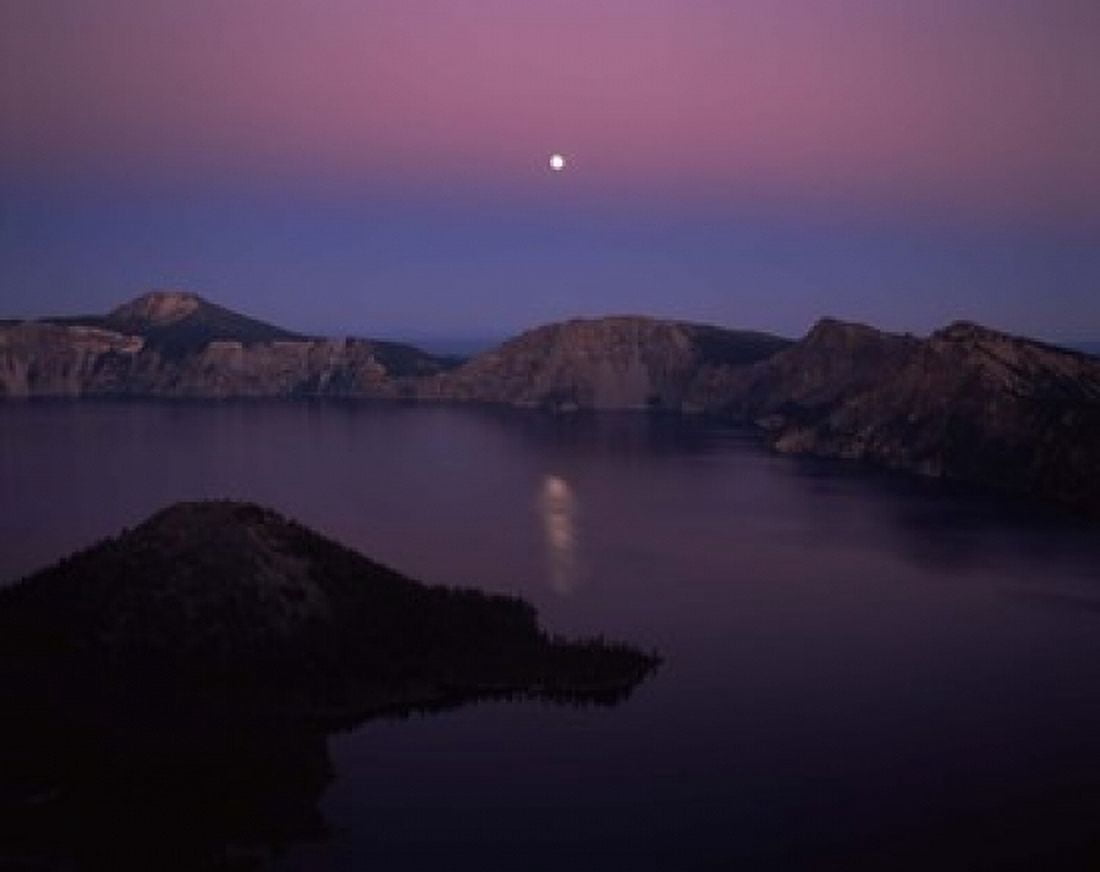 Moonrise over Wizard Island Crater Lake Crater Lake National Park Oregon USA Canvas Art - Panoramic Images (36 x 29)