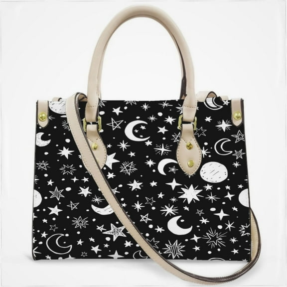 Moons And Stars Black And White Cross Body Bags For Women Small Leather Female Handbags Fashion Top-Handle Totes