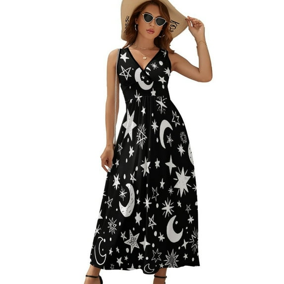Moons And Stars Black And White Dress Summer Street Style Bohemia Long Dresses Female Sleeveless Printed Maxi Dress