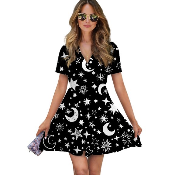 Moons And Stars Black And White Women Dress V-Neck Short Sleeve Flowy Swing Party Midi Dress