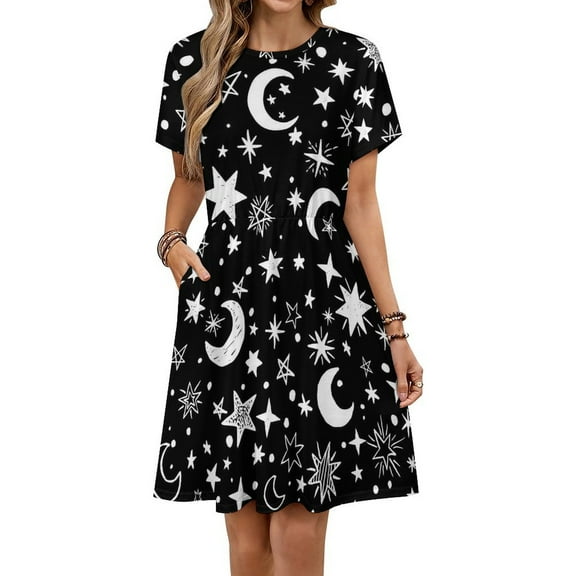 Moons And Stars Black And White Women's Dress Short Sleeve Summer Sundress Summer Women Clothes