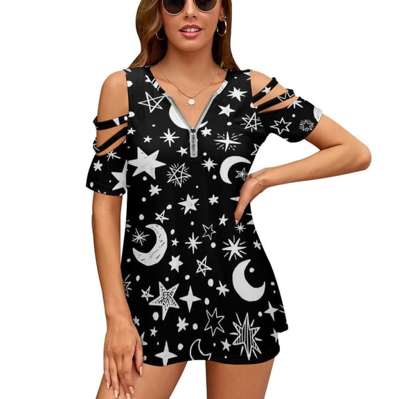Moons And Stars Black And White Womens Summer V Neck Zipper Top Short Sleeve T Shirt Off Shoulder Top Casual Classy Loose Shirts