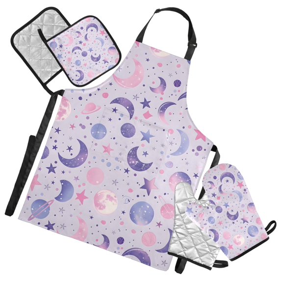 Moons Planets Stars 5 Pcs Kitchen Set Heat Resistant Oven Mitts and Non-Slip Pot Holders with Adjustable Cooking Apron