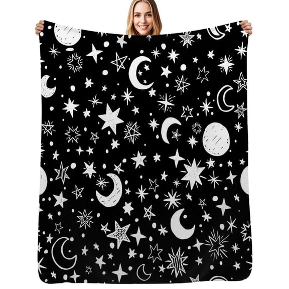 Moons and Stars Black and White Flannel Blanket Warm Soft Bedding Throws Winter Camping Chair Sofa Bed