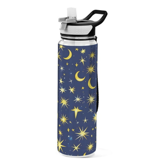 Moons and Stars Pattern 1000ml Tritan Sport Bottle Straw LeakProof Food-Grade Portable Wide Handle
