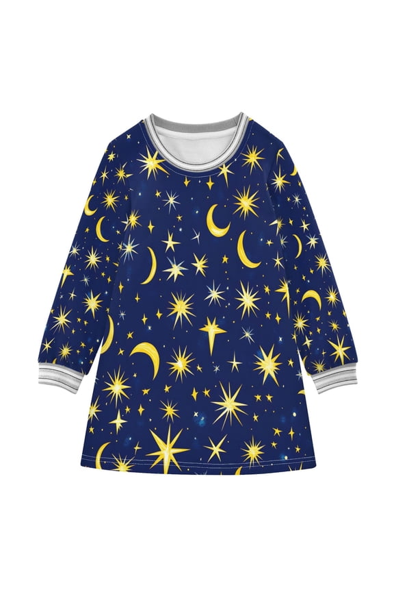 Moons and Stars Pattern Girls'long-sleeved dress Thickened A-dress Warm Dress Basic Shirt Party Dresses