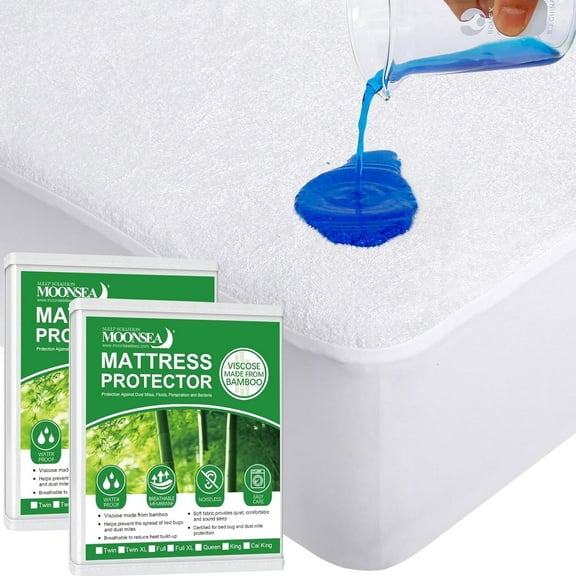 Moonsea 2 Pack Twin Mattress Protector Absorbent Viscose Made from Bamboo Terry, Waterproof Mattress Protector Cover with Deep Pocket Fits Up to 14 Inch Mattress