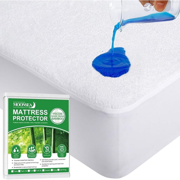 Moonsea Full Size Mattress Protector Viscose Made from Bamboo Terry Mattress Pad Cover, Ultra Soft Absorbent Terry Breathable Mattress Protector Cover with Deep Pocket Fits Up to 14 Inch
