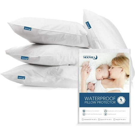 Moonsea 4 Pack Waterproof Pillow Protector with Zipper Standard Size 20 x 26 inch White Pillow Protectors Feather Proof Pillow Covers Encasement Pillow Case