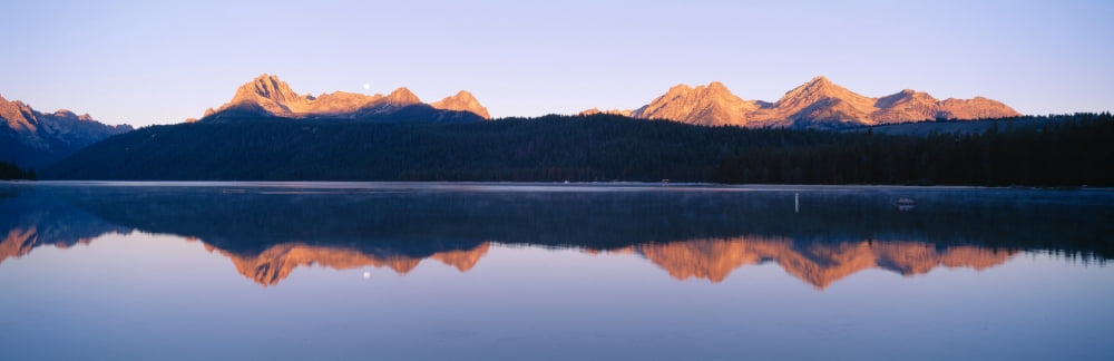 Moonset at sunrise over Redfish Lake and Sawtooth Mountains Idaho Canvas Art - Panoramic Images (27 x 9)
