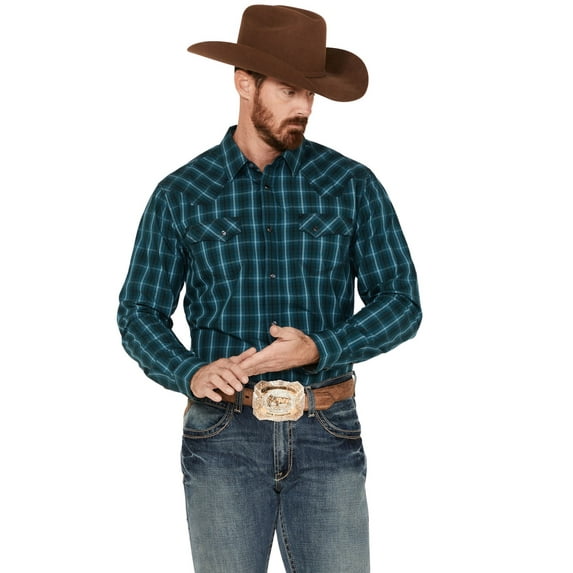 Moonshine Spirit Men's Bayou Plaid Print Long Sleeve Western Snap Shirt Teal Medium