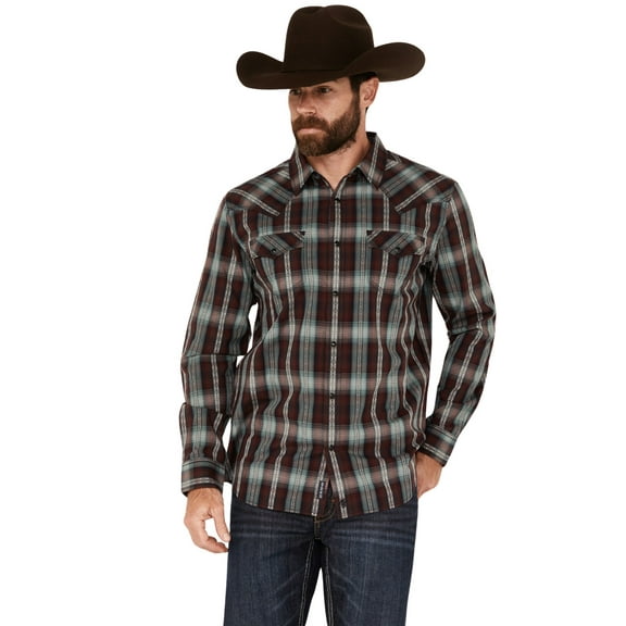 Moonshine Spirit Men's Lone Horn Plaid Print Long Sleeve Snap Western Shirt Burgundy Medium
