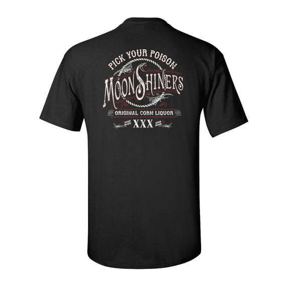 Moonshiners Pick Your Poison Liquor Alcohol Adult Unisex Short Sleeve T-shirt, Black- 4XL