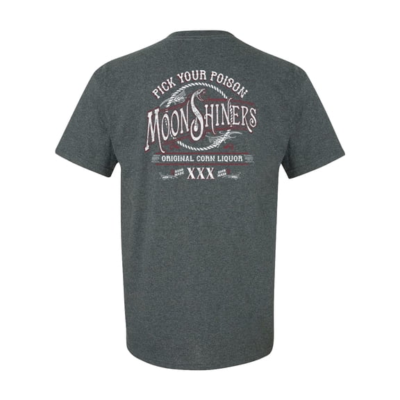 Moonshiners Pick Your Poison Liquor Alcohol Adult Unisex Short Sleeve T-shirt, Dark Heather Grey- 3XL