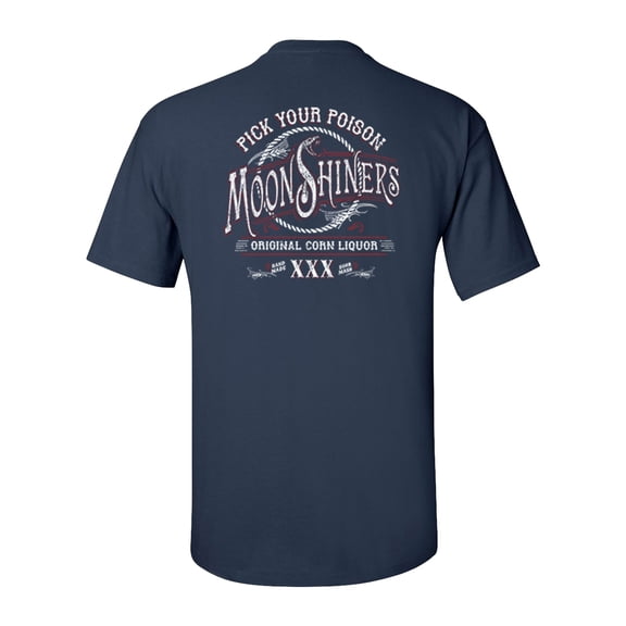 Moonshiners Pick Your Poison Liquor Alcohol Adult Unisex Short Sleeve T-shirt, Navy- Large