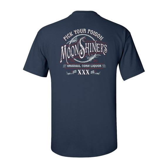 Moonshiners Pick Your Poison Liquor Alcohol Adult Unisex Short Sleeve T-shirt, Navy- Medium