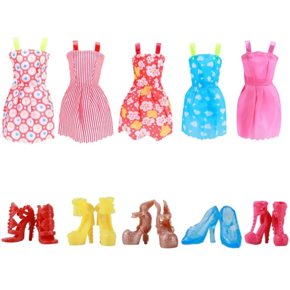 Moonsky 10-Piece Fashion Doll Mini Accessories Set with 5 Random Party Dresses and 5 Pairs of Shoes in Mixed Styles, D