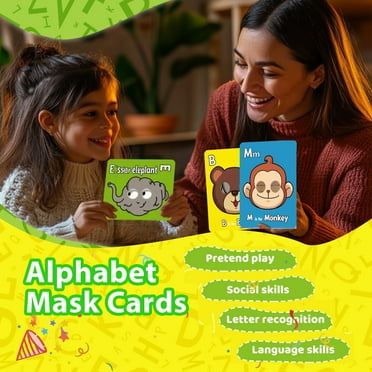 Abc Flash Cards 26 Pc Colorful Alphabet Mask Cards With Animal Masks, Giant ABC Flash Mask Card Interactive Education Games Learn Letters English Phrases 26 Alphabet Flashcards