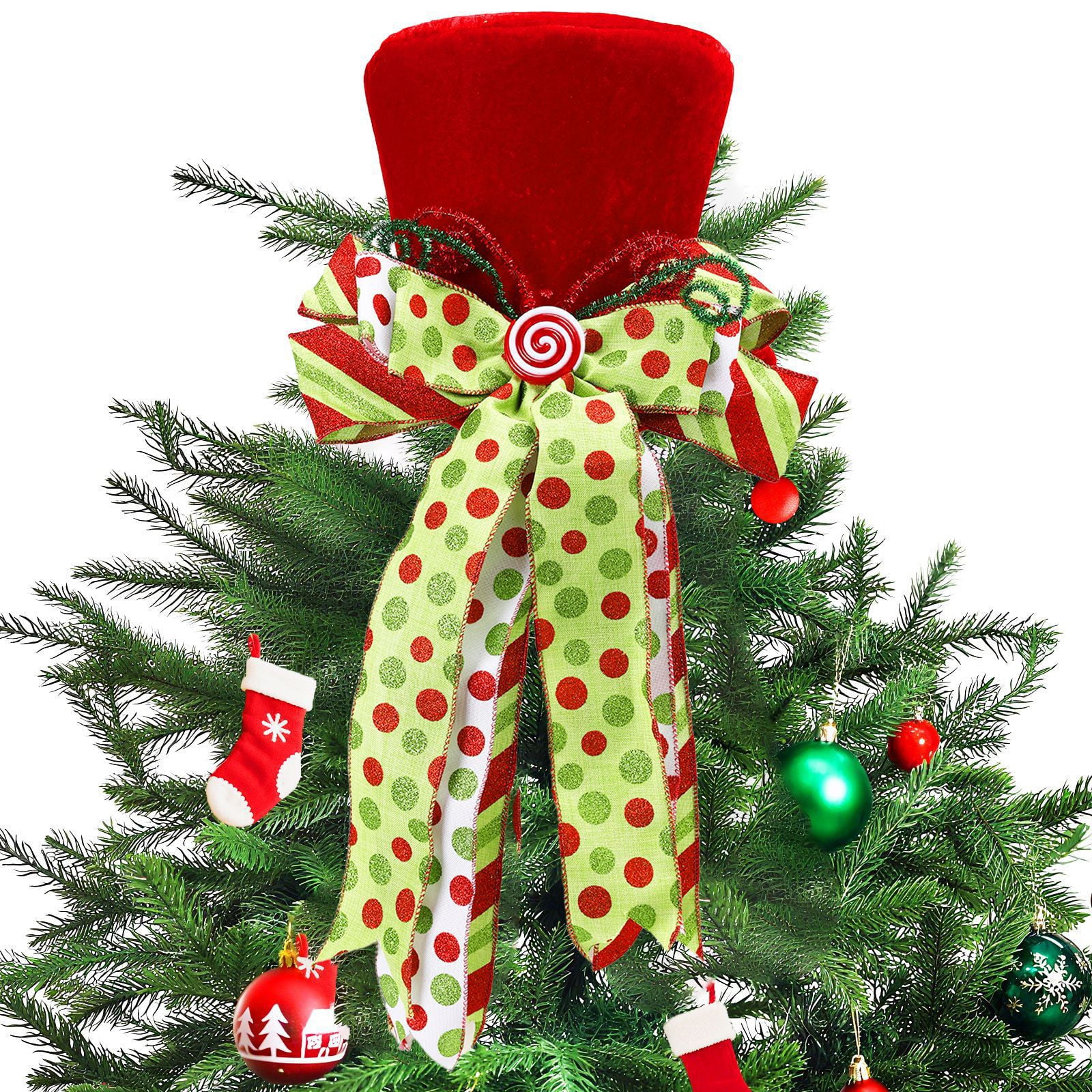 Moonsky Candy Cane Christmas Tree Topper Large Red Tree Topper Hat with ...