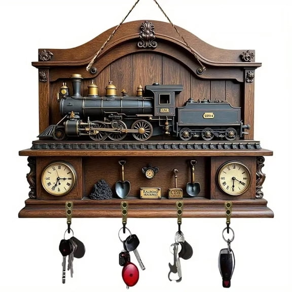 Moonsky Car Wall Key Rack, 9x12in Retro Steam Train Decor, Functional Entryway Organizer with Clock, Steampunk Home Gift