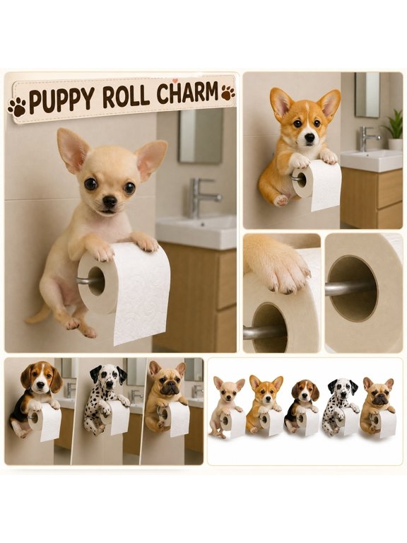 Cute Dog Toilet Paper Holder Wall Mounted Roll Tissue Dispenser Rack Resilient Resin Canine Sculpture Ornament for Bathroom Restroom Home Decor