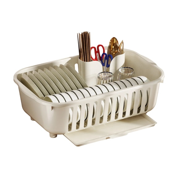 Moonsky Dish Drying Rack 15in Countertop Tableware Storage with Drain Board and Chopstick Holder for Kitchen Organization Cream Yellow Beige 15.4x10.4 in