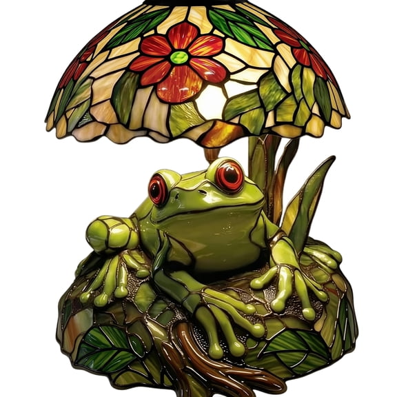 Moonsky Frog Table Lamp, Tiffany-Style Stained Glass Lampshade with Resin Frog Base, Retro Bedroom Nightstand Lighting