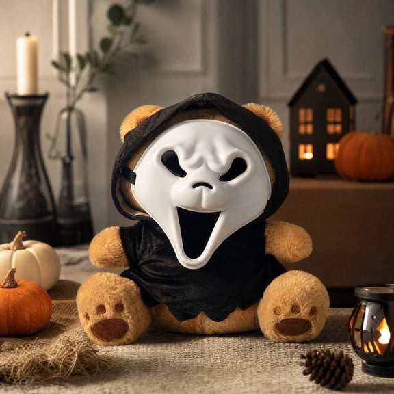 Moonsky Ghost Face Bear Halloween Plush Toy, 15 Inch Spooky Stuffed Animal with Removable Mask and Black Cloak, Scary Cute Horror Bear Doll for Kids Adults Party Gifts and Holiday Decor