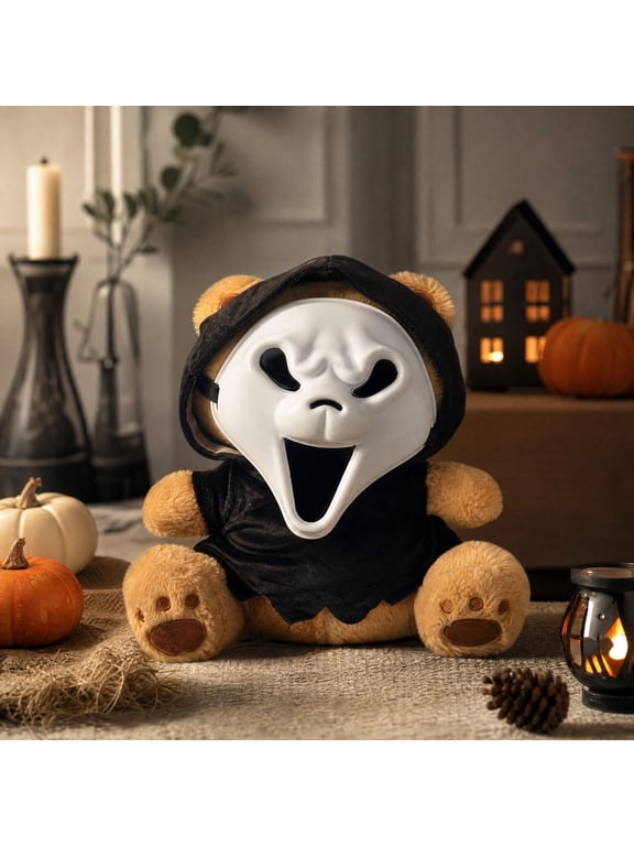 Ghost Face Bear Halloween Plush Toy, 15 Inch Spooky Stuffed Animal with Removable Mask and Black Cloak, Scary Cute Horror Bear Doll for Kids Adults Party Gifts and Holiday Decor