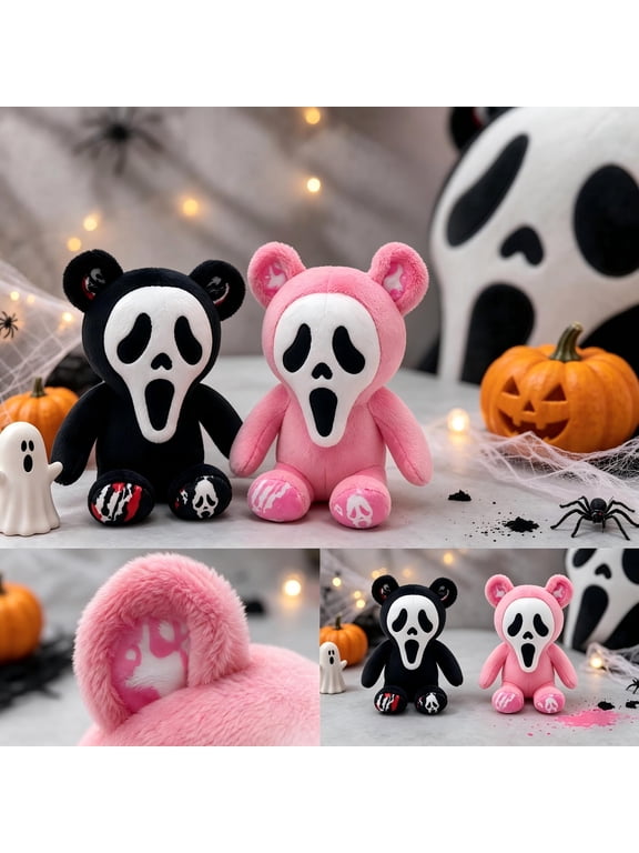 Ghost Face Bear Plush, 10.63 Inch Black Halloween Stuffed Animal, Horror Bear Plush, Gothic Halloween Decoration for Shelf Display Party Decor 2PC