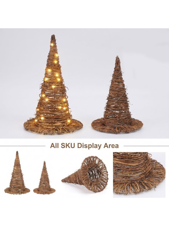 Halloween Wicker Witch Hats Set Of 2 Handcrafted Natural Vine Woven Decorative Ornaments With Integrated Warm String Lights For Indoor And Sheltered Outdoor Displays
