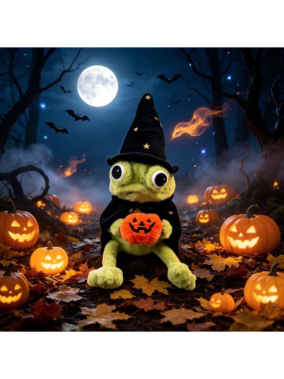 Halloween Wizard Frog Plush, Green Frog Witch Plush with Black Star Hat Cape and Pumpkin Bag, Spooky Cute Collectible Plush Decor for Halloween Shelf Desk Room Display